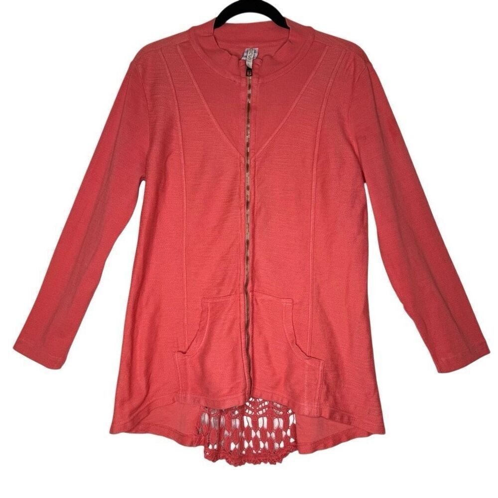 XCVI Coral Crochet Back High/Low Sweatshirt Sz L Boho, Lagenlook, Indie